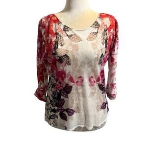 NIC+ZOE Scoop Neck 3/4 Sleeve Linen Blend Floral Top - Medium